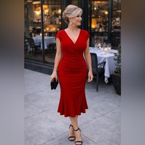 🔥 Red Chaps Midi Dress XL | Ruched Waist | Holiday Party/Travel Ready